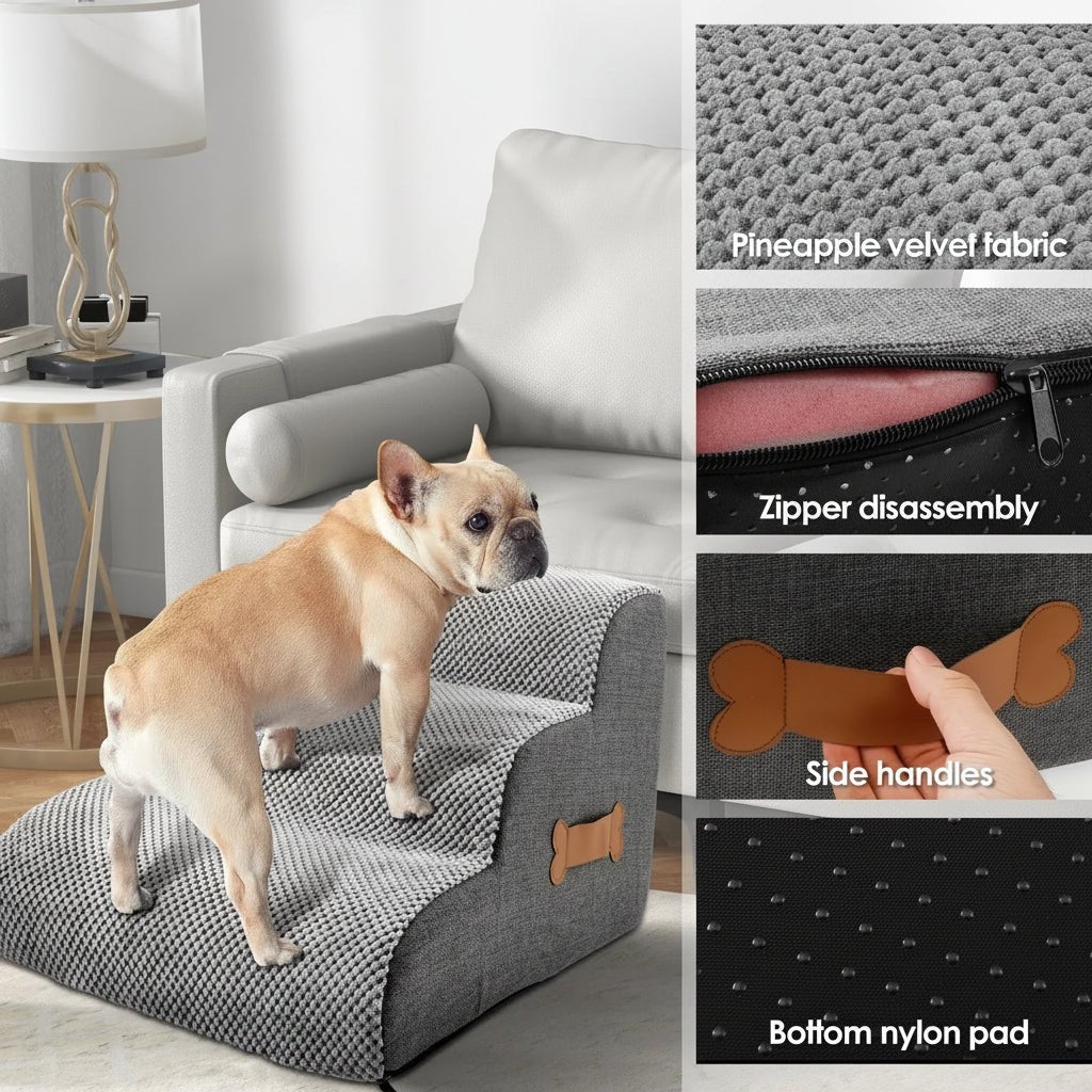 COMFYCLIMB - Soft foam dog stairs with joint-friendly incline, non-slip base, and washable cover for safe bed and sofa access 5
