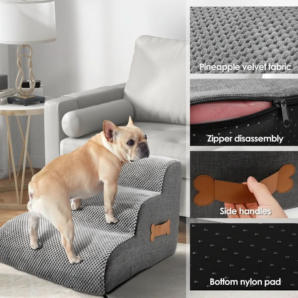 COMFYCLIMB - Soft foam dog stairs with joint-friendly incline, non-slip base, and washable cover for safe bed and sofa access 5