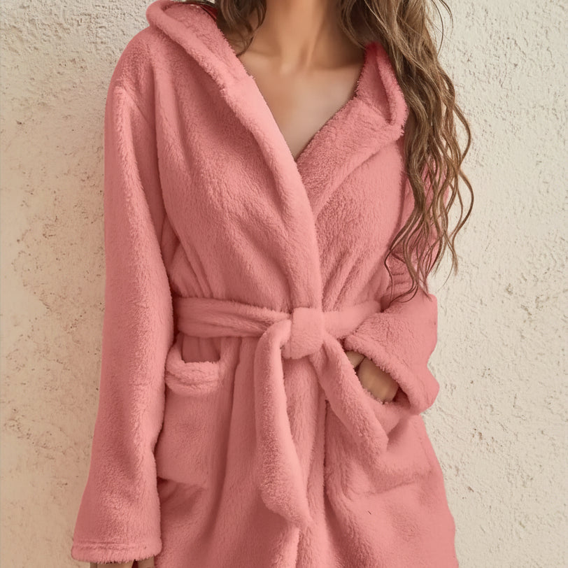 Cozy Women's Hooded Fleece Robe - Soft Bathrobe with Belt for Autumn & Winter 9
