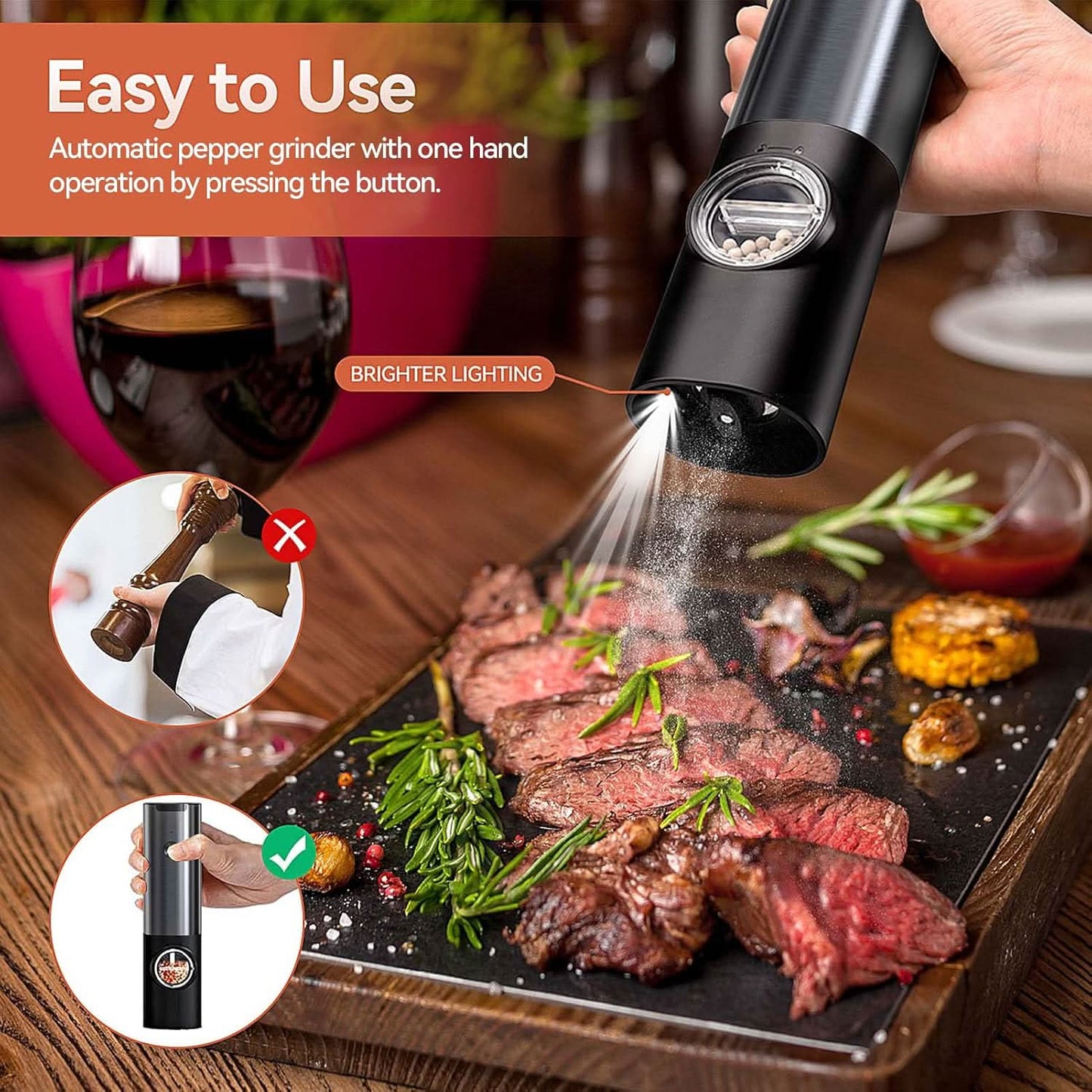 Rechargeable Electric Salt and Pepper Mill Set - One-Handed Operation & Adjustable Grind 6