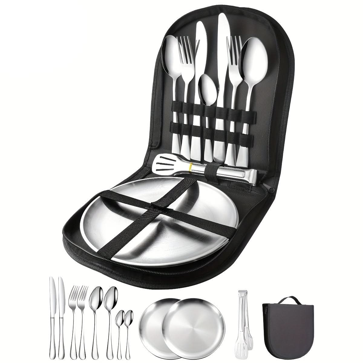TREKDINE – Portable Food Tongs & Plates Travel Set