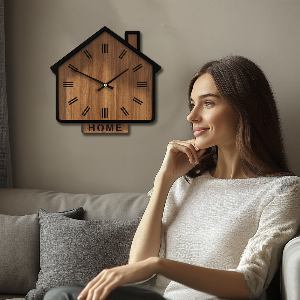 HOMEWOOD Vintage House Shaped Wooden Wall Clock