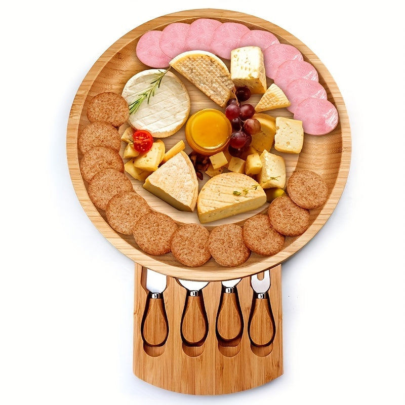 BAMCHEF – Bamboo Cheese Board Set with Drawer and Cutlery for Portable Serving and Entertaining