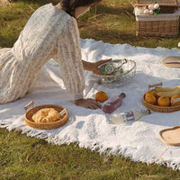 PICNOVA – White Plaid Woven Picnic Mat with Tassel Trim for Outdoor Comfort and Travel Use