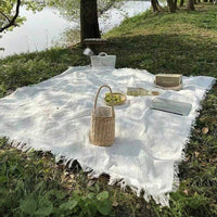PICNOVA – White Plaid Woven Picnic Mat with Tassel Trim for Outdoor Comfort and Travel Use