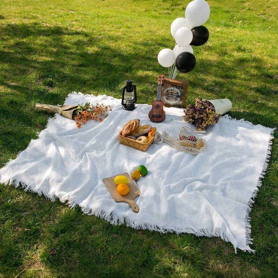 PICNOVA – White Plaid Woven Picnic Mat with Tassel Trim for Outdoor Comfort and Travel Use