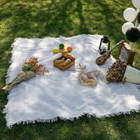 PICNOVA – White Plaid Woven Picnic Mat with Tassel Trim for Outdoor Comfort and Travel Use