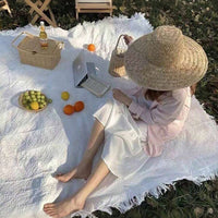 PICNOVA – White Plaid Woven Picnic Mat with Tassel Trim for Outdoor Comfort and Travel Use