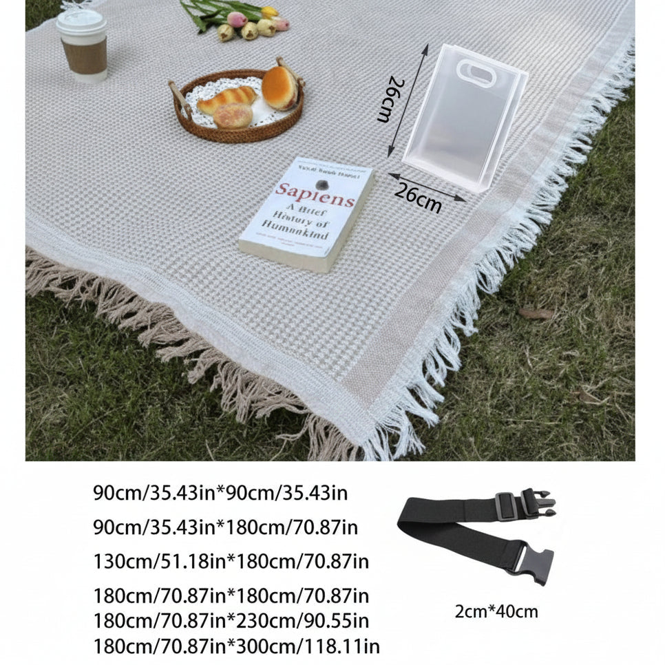 PICNOVA – White Plaid Woven Picnic Mat with Tassel Trim for Outdoor Comfort and Travel Use