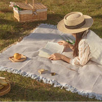 PICNOVA – White Plaid Woven Picnic Mat with Tassel Trim for Outdoor Comfort and Travel Use