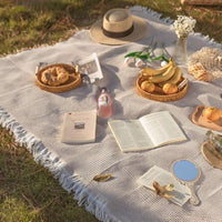 PICNOVA – White Plaid Woven Picnic Mat with Tassel Trim for Outdoor Comfort and Travel Use