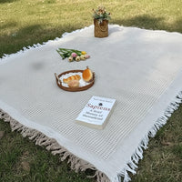 PICNOVA – White Plaid Woven Picnic Mat with Tassel Trim for Outdoor Comfort and Travel Use