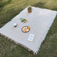PICNOVA – White Plaid Woven Picnic Mat with Tassel Trim for Outdoor Comfort and Travel Use