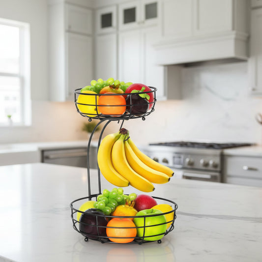 2-Tier Metal Wire Countertop Fruit Basket with Banana Hanger - Stylish Kitchen Organizer 0