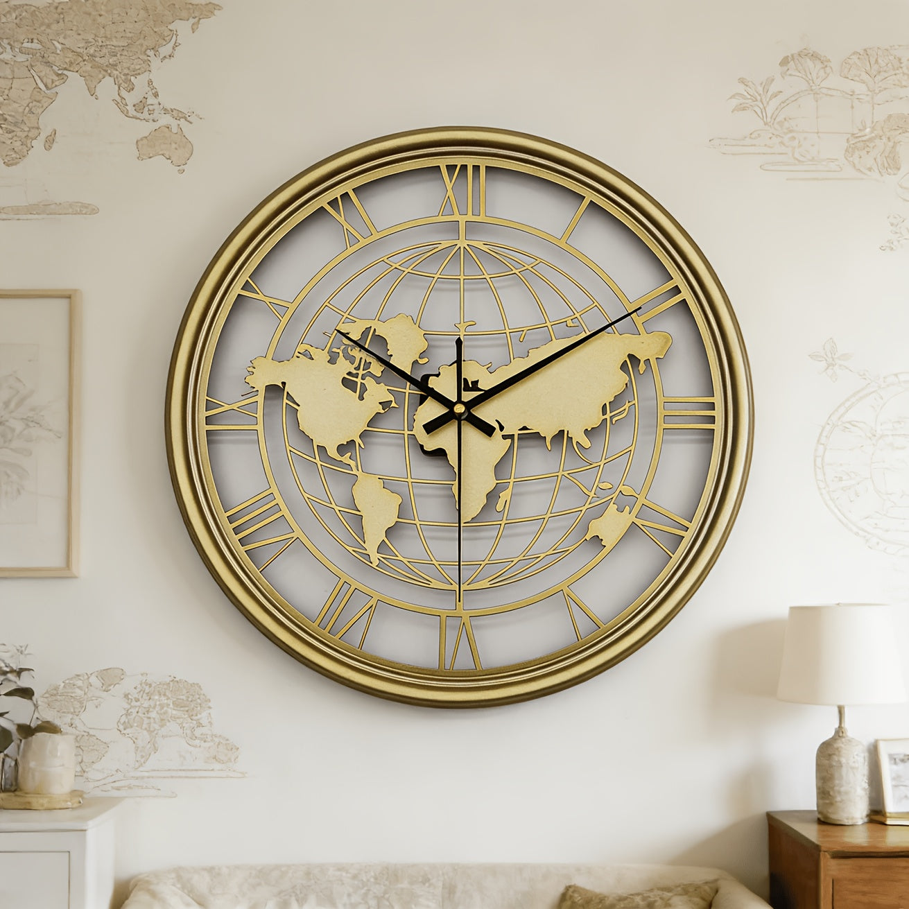 Mapora Roman World Map Silent Metal Wall Clock