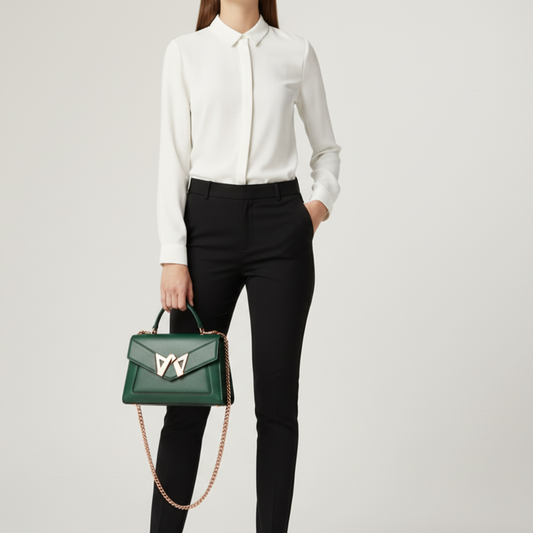 Avina | Chic Brown Leather Handbag with Decorative Silk Scarf Handle