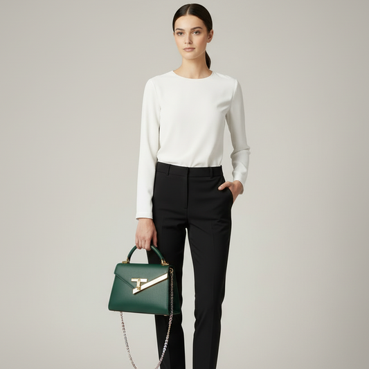 Avina | Chic Brown Leather Handbag with Decorative Silk Scarf Handle