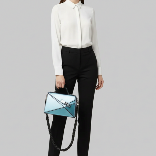 Avina | Chic Brown Leather Handbag with Decorative Silk Scarf Handle