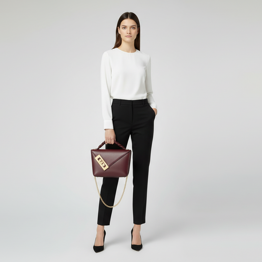 Avina | Chic Brown Leather Handbag with Decorative Silk Scarf Handle