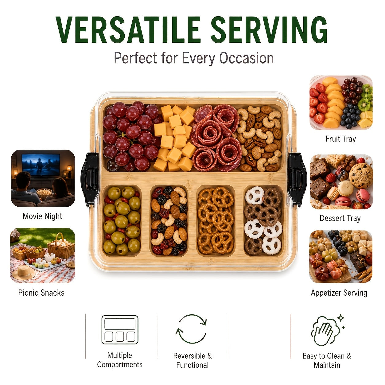 BAMBOX – Bamboo Divided Snack Tray with Lid for Organized Serving and Portable Food Storage