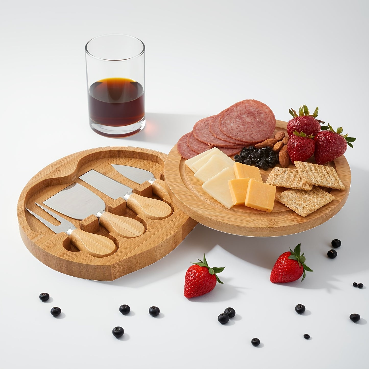 BAMCHEF – Bamboo Cheese Board Set with Drawer and Cutlery for Portable Serving and Entertaining