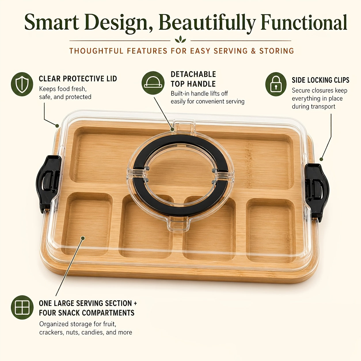 BAMBOX – Bamboo Divided Snack Tray with Lid for Organized Serving and Portable Food Storage