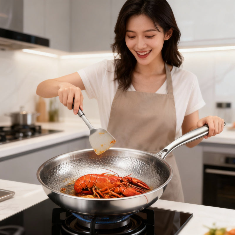 LAMEEDGE – Hammered Stainless Steel Wok with Durable Glass Lid