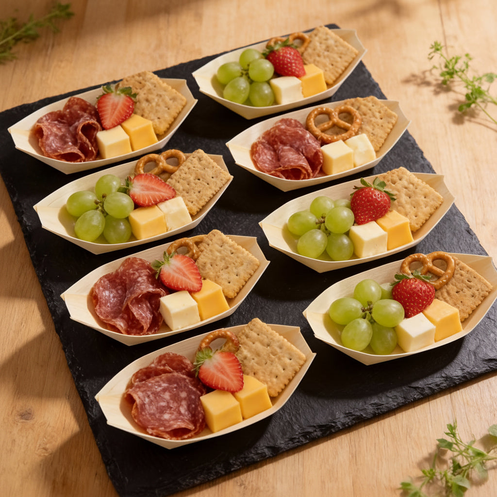 BAMBIOAT – Disposable Wooden Service Boats for Elegant Party Food Presentation and Serving