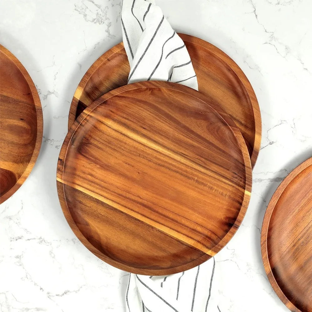 Acacia Wood Round Dinner Tray - Stackable, Reusable & Easy to Clean 2