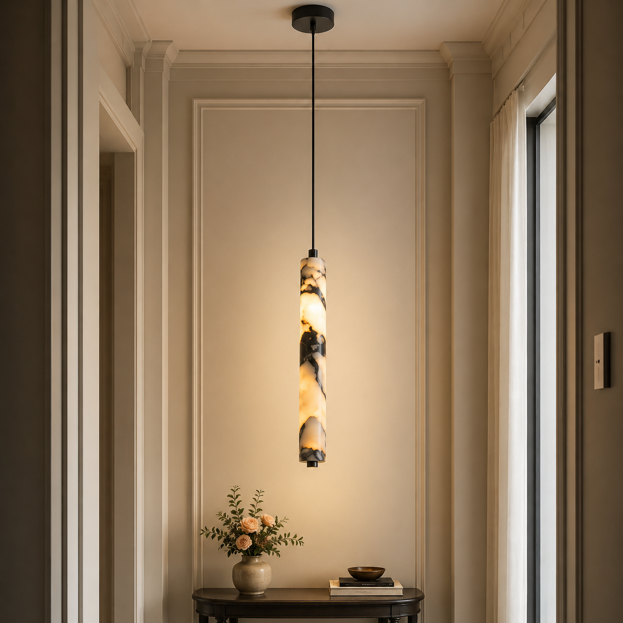 Black Natural Stone Cylinder Pendant Lamp