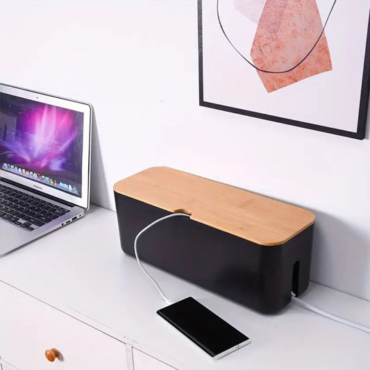 Bamboo Cable Management Box - Elegant Cord Organizer for Tidy Workspaces 0