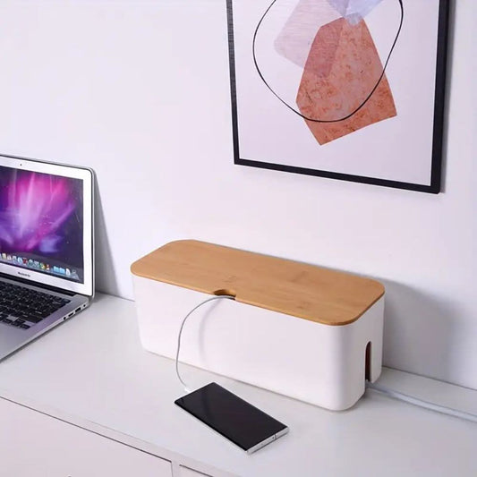 Bamboo Cable Management Box - Elegant Cord Organizer for Tidy Workspaces 2