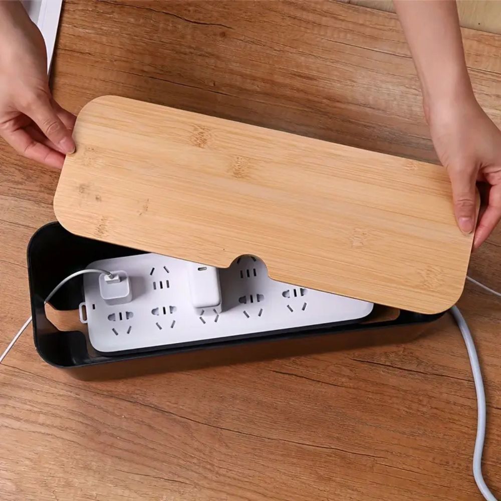 Bamboo Cable Management Box - Elegant Cord Organizer for Tidy Workspaces 3