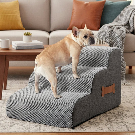 COMFYCLIMB - Soft foam dog stairs with joint-friendly incline, non-slip base, and washable cover for safe bed and sofa access 0