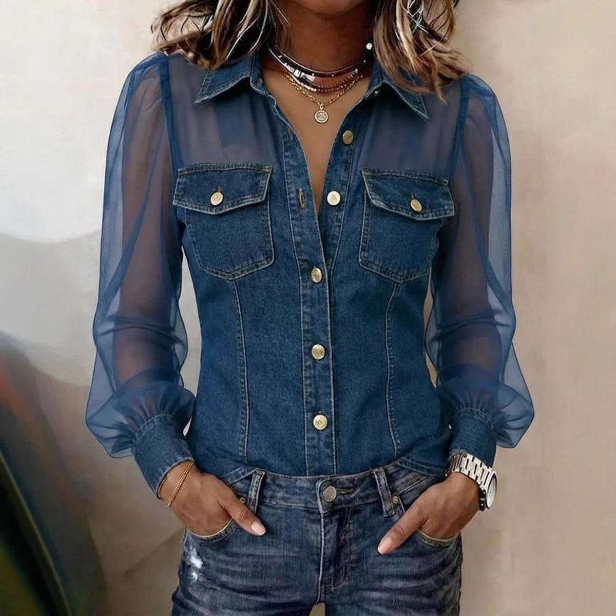 Chic Women's Denim Blouse with Puff Sleeves & Sheer Mesh Accents 0