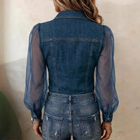 Chic Women's Denim Blouse with Puff Sleeves & Sheer Mesh Accents 1
