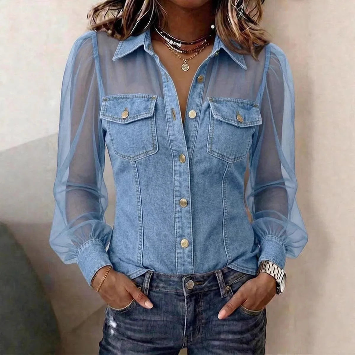 Chic Women's Denim Blouse with Puff Sleeves & Sheer Mesh Accents 2