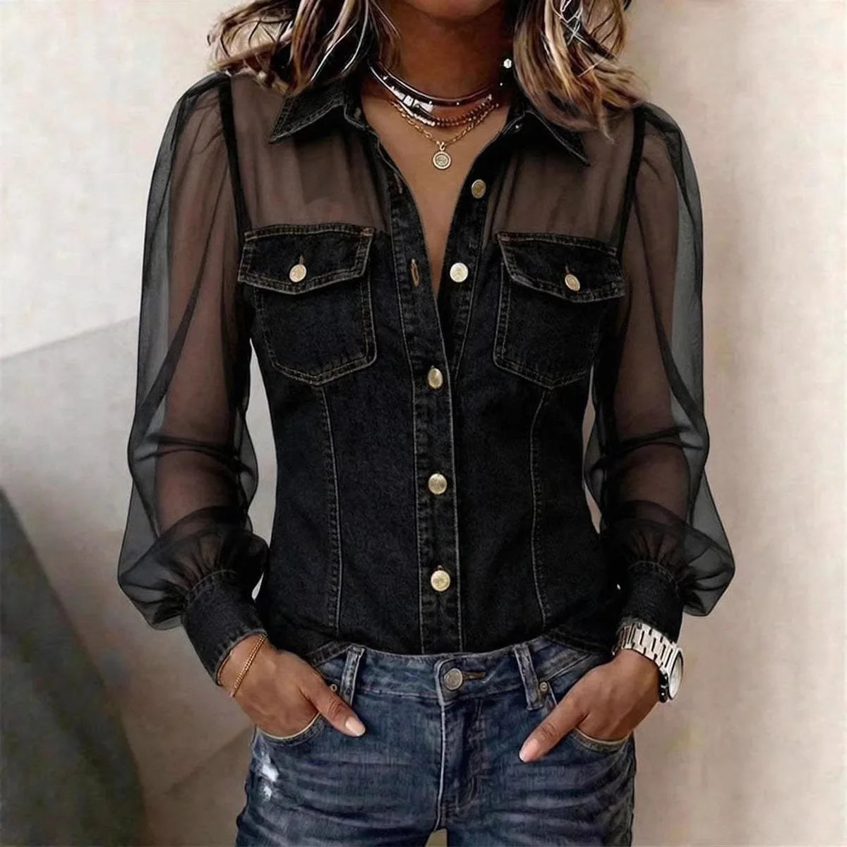 Chic Women's Denim Blouse with Puff Sleeves & Sheer Mesh Accents 3