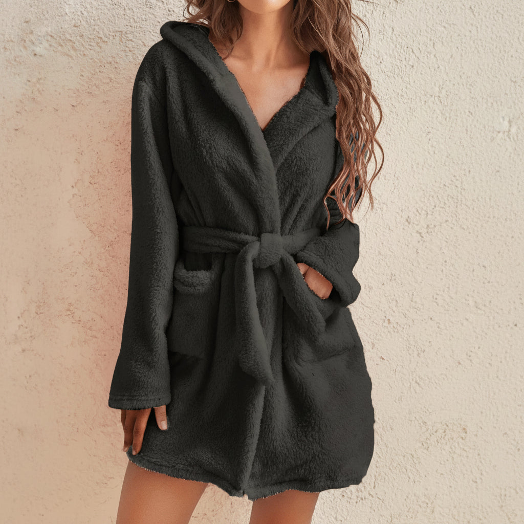 Cozy Women's Hooded Fleece Robe - Soft Bathrobe with Belt for Autumn & Winter 0