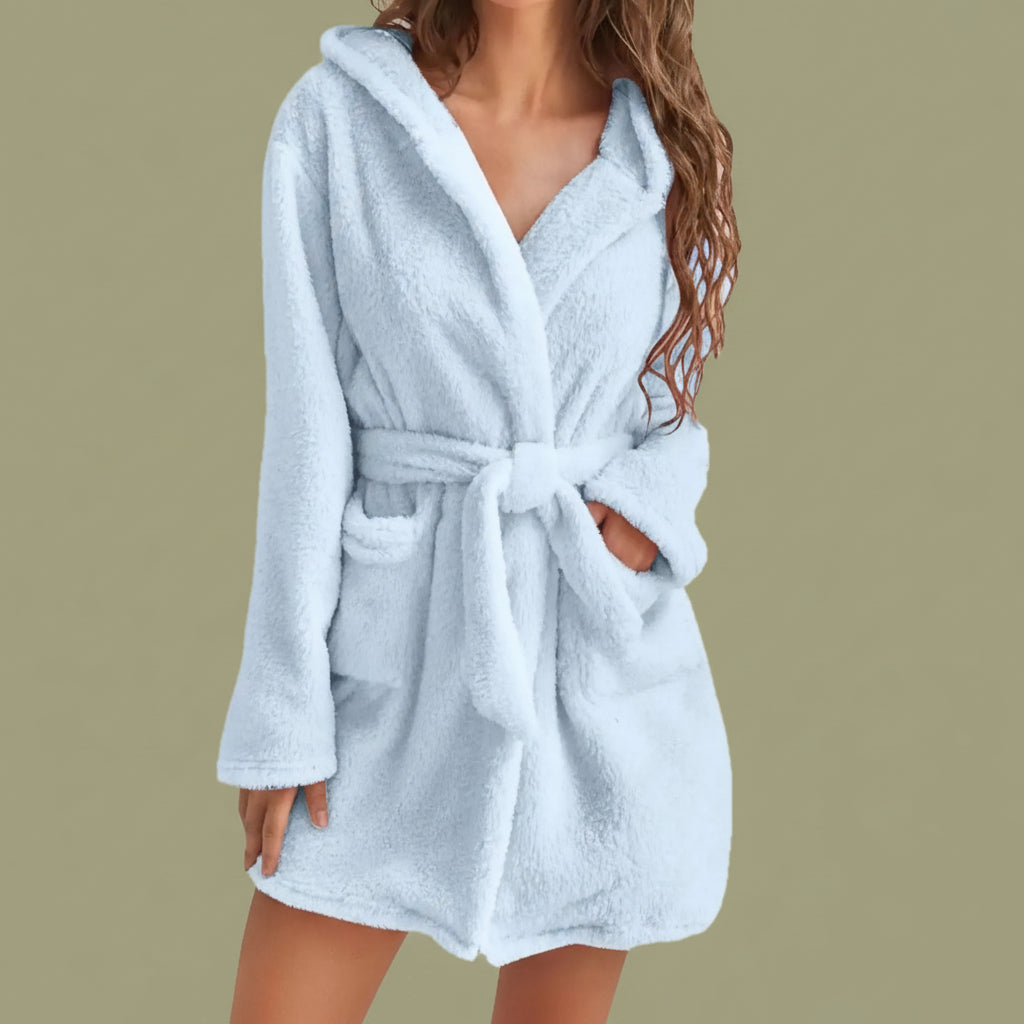 Cozy Women's Hooded Fleece Robe - Soft Bathrobe with Belt for Autumn & Winter 2