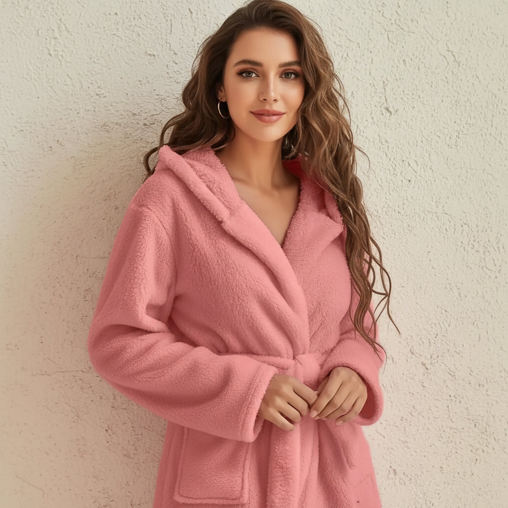 Cozy Women's Hooded Fleece Robe - Soft Bathrobe with Belt for Autumn & Winter 3