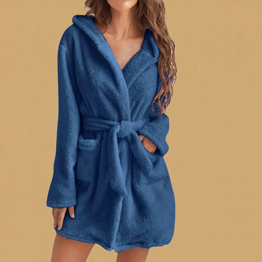Cozy Women's Hooded Fleece Robe - Soft Bathrobe with Belt for Autumn & Winter 4