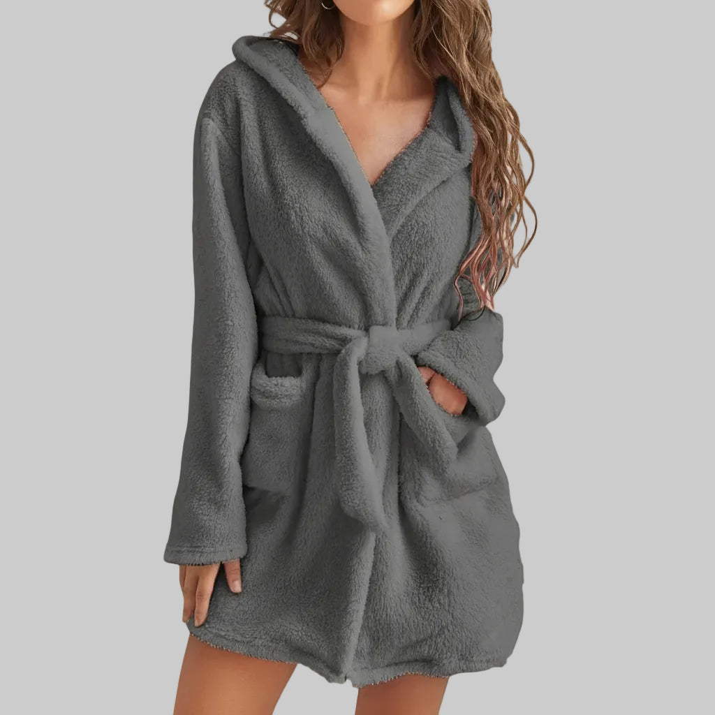 Cozy Women's Hooded Fleece Robe - Soft Bathrobe with Belt for Autumn & Winter 6