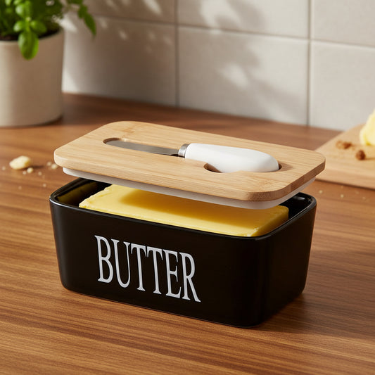 Elegant Ceramic Butter Dish with Bamboo Lid, Built-in Knife & Double Silicone Seal 0