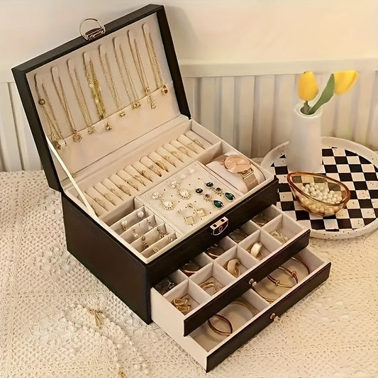 Elegant Leather Jewelry Organizer Box with Multiple Compartments 0