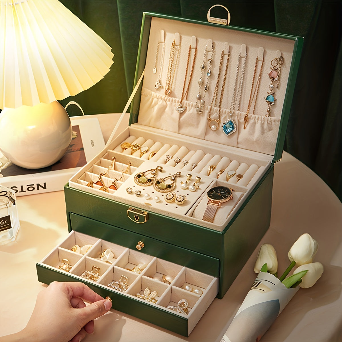 Elegant Leather Jewelry Organizer Box with Multiple Compartments 3