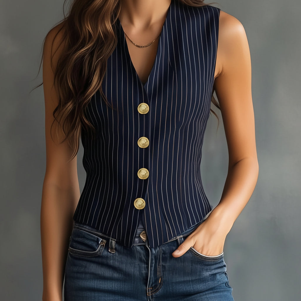 Elegant Vintage Striped Sleeveless Blouse for Women - Chic Summer Top 3