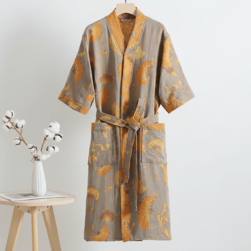 GINKOROBE - Reversible Organic Cotton Kimono Bathrobe with Ginkgo Leaf Design 3