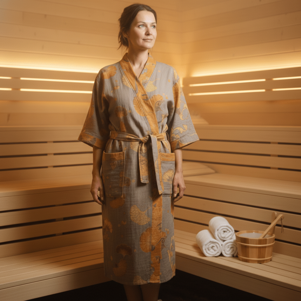 GINKOROBE - Reversible Organic Cotton Kimono Bathrobe with Ginkgo Leaf Design 4