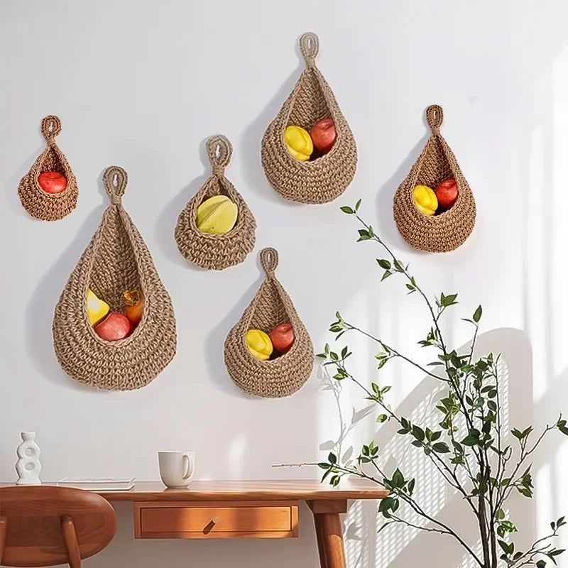 Handwoven Wall-Mounted Basket Organizer - Durable Hemp Rope for Fruits & Vegetables 1